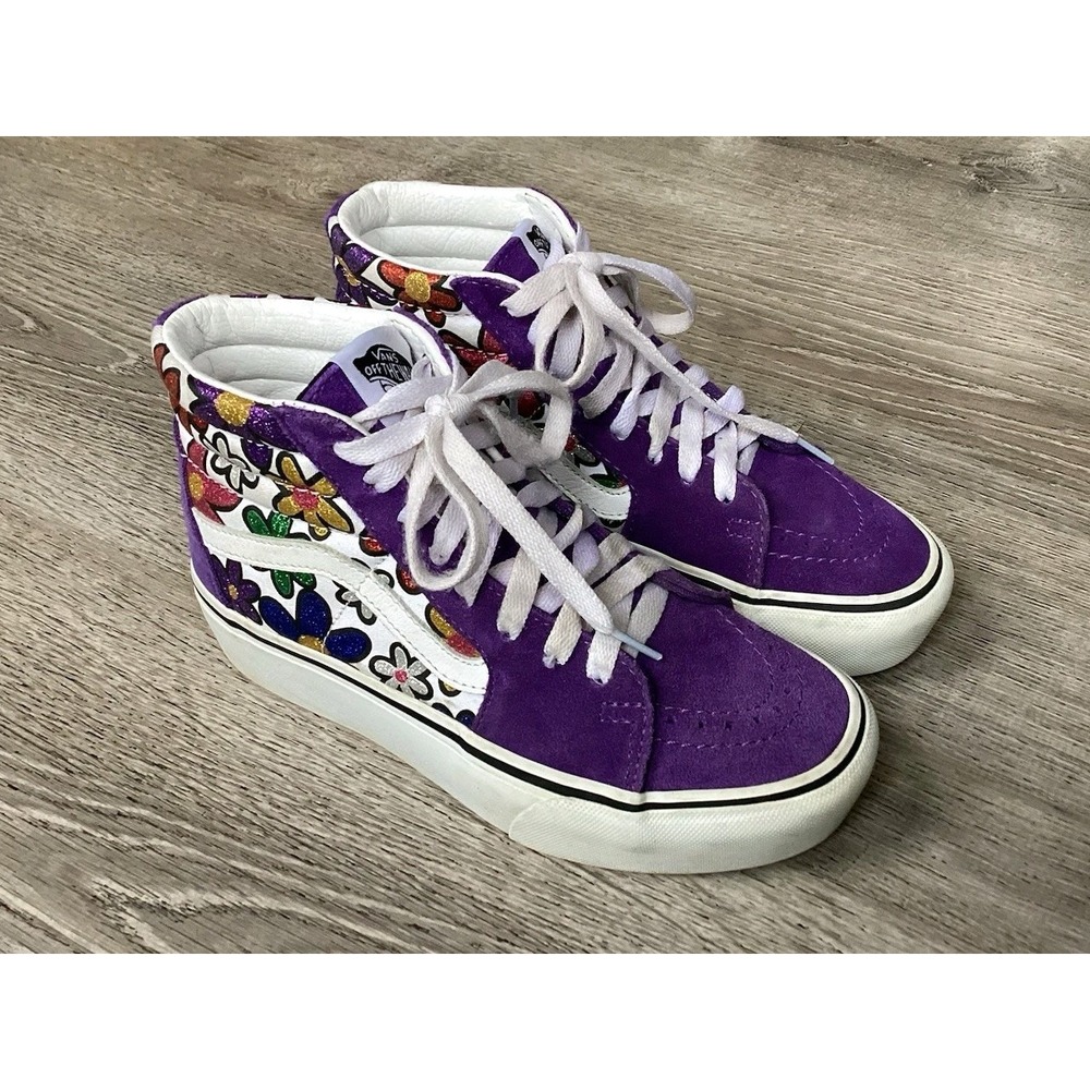Vans Sk8-Hi Womens Size 5.5 Shoes Platform 2 Glitter Daisies Purple White Skate